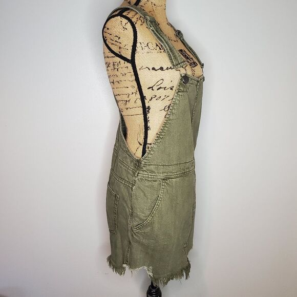 FREE PEOPLE “Torn Up” Denim Jumper Washed Olive Green Overalls Size 6 - Picture 3 of 12
